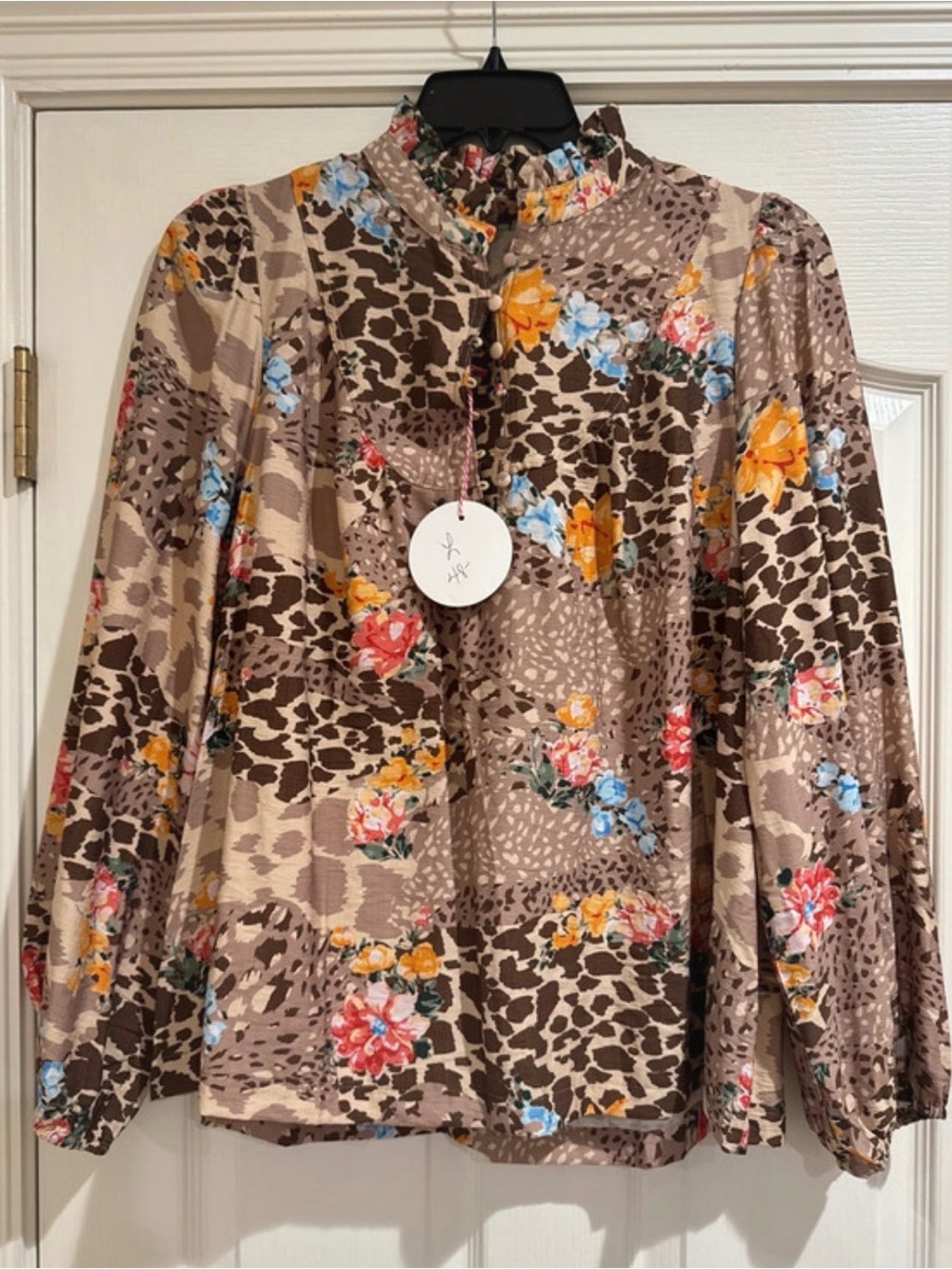 Umgee Beige Multi Floral & Leopard Mix Blouse